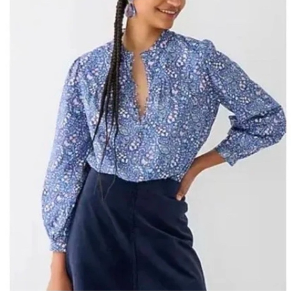 J.Crew Button Front Ruffleneck Popover in Liberty Bourton Bloom fabric Sz S